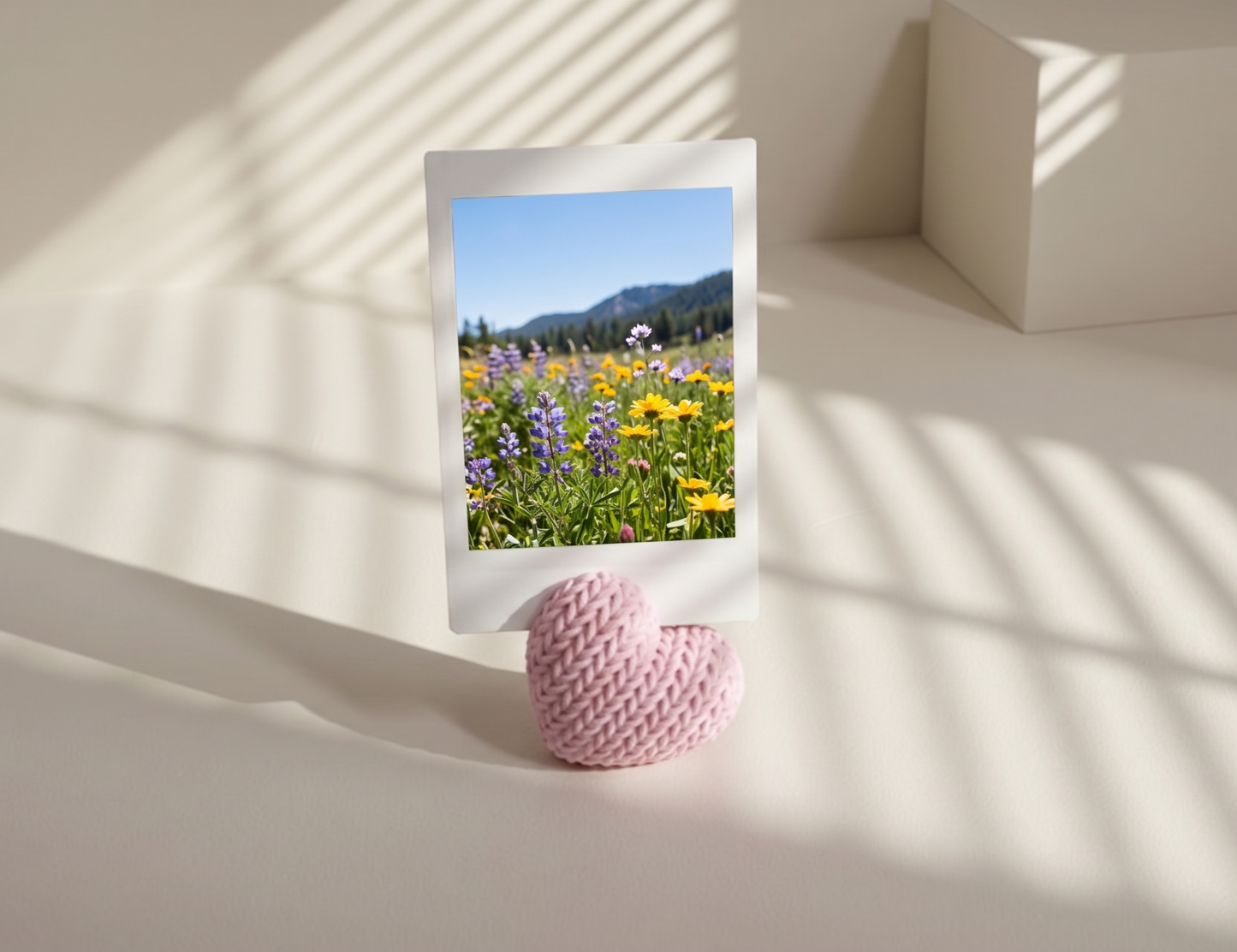 Knitted-style heart shaped photo stand