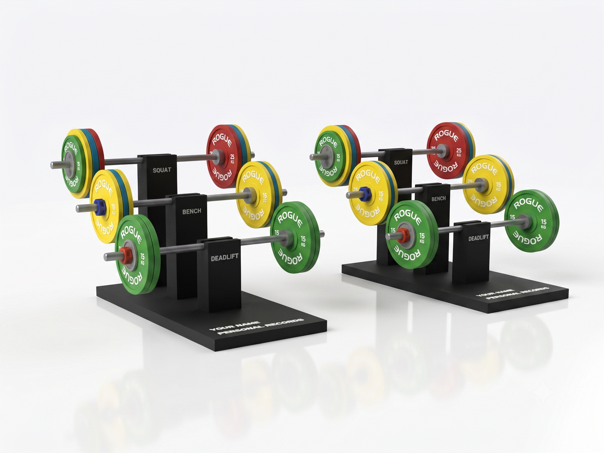Gym PR stand displaying squat, bench and deadlift records