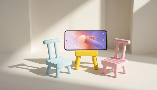 Small chair-shaped phone stand on a desk