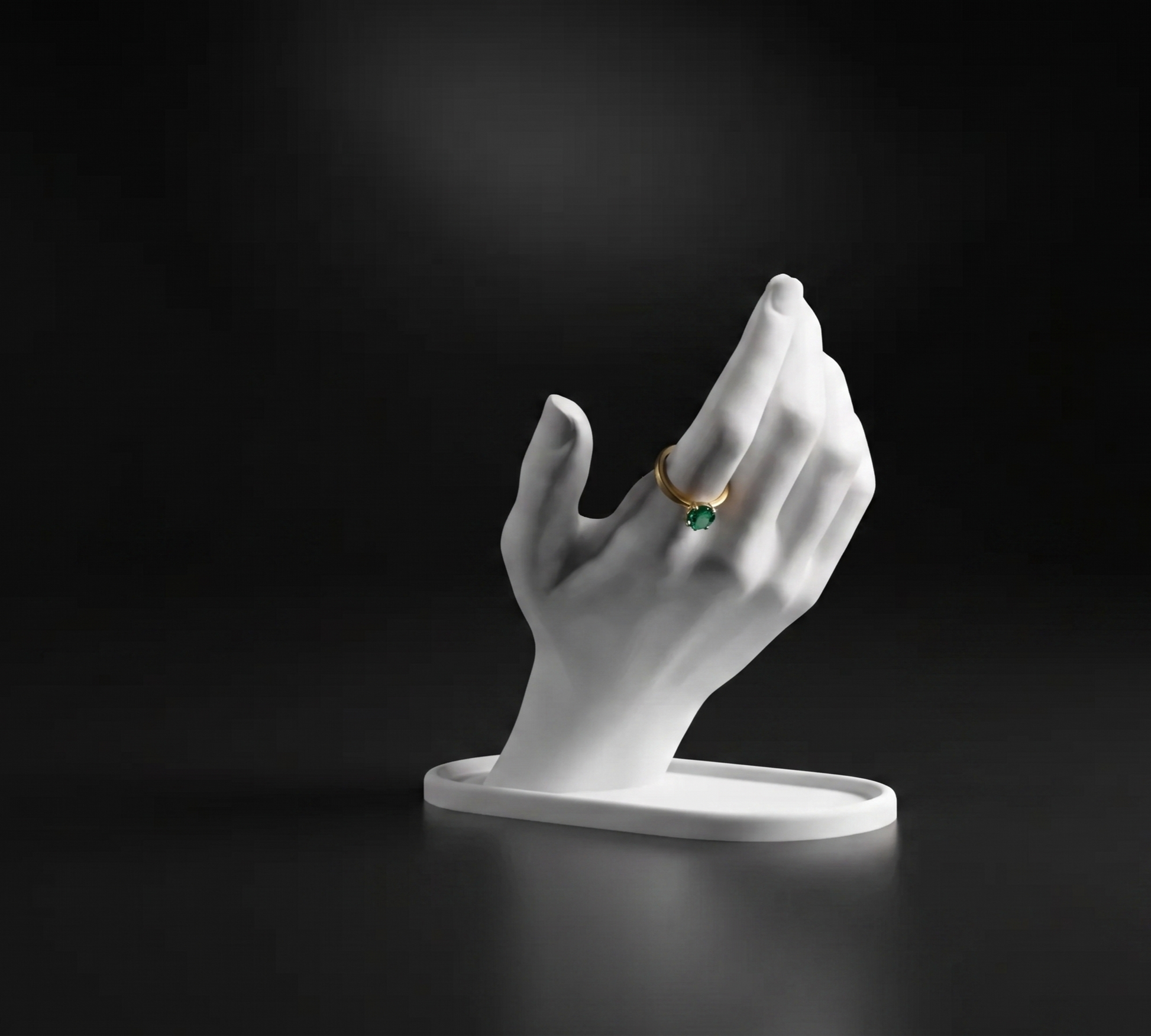 Jewelry hand and tray holding rings and bracelets